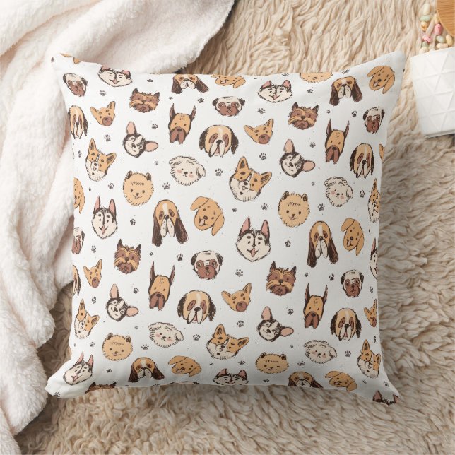 Cute Dog Breeds Pattern  Throw Pillow (Blanket)