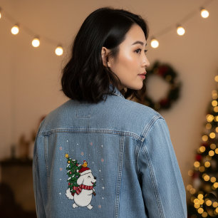 Cute Dog Carrying Christmas Tree Holiday Denim Jacket