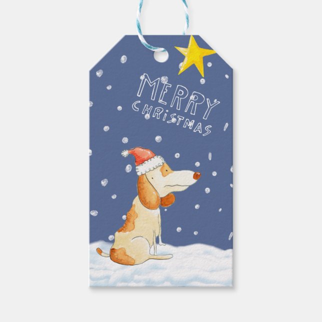 Cute Dog Cartoon - Merry Christmas Gift Tag (Front)