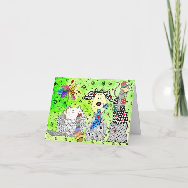 Cute Dog, Cat and Mouse Christmas Greeting Card (Front)