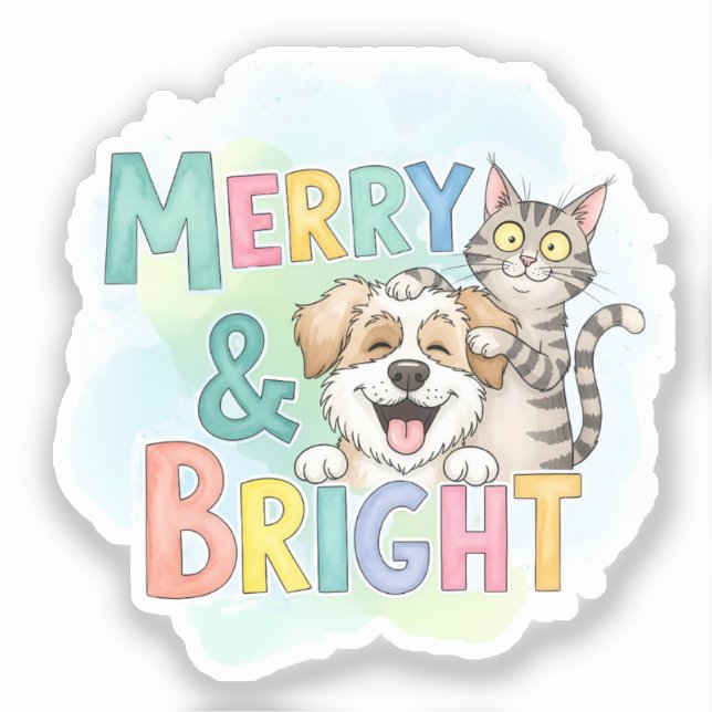 Cute Dog & Cat Merry & Bright  (Front)