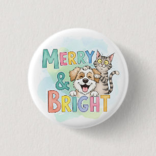 Cute Dog & Cat Merry & Bright  1 Inch Round Button