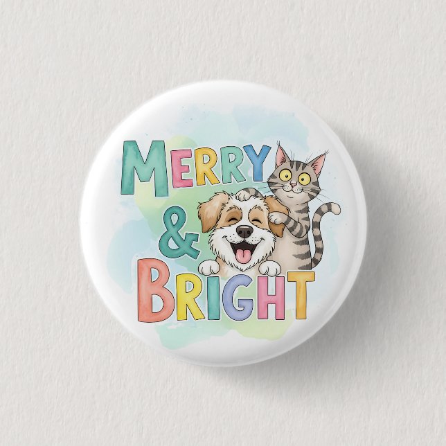 Cute Dog & Cat Merry & Bright  1 Inch Round Button (Front)