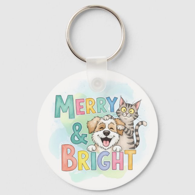 Cute Dog & Cat Merry & Bright  Keychain (Front)