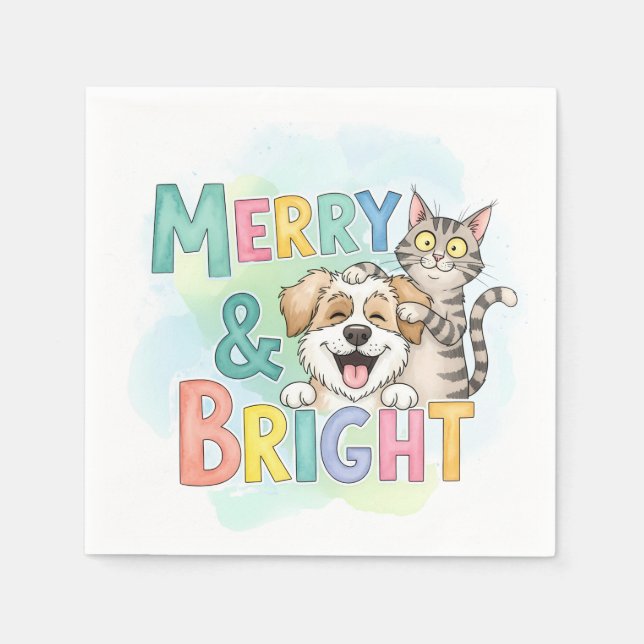 Cute Dog & Cat Merry & Bright Paper  Napkin (Front)