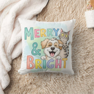 Cute Dog & Cat Merry & Bright Throw Pillow