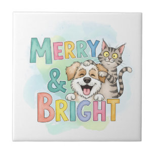 Cute Dog & Cat Merry & Bright  Tile