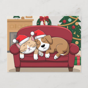 cute dog cat santa cap christmas holiday postcard