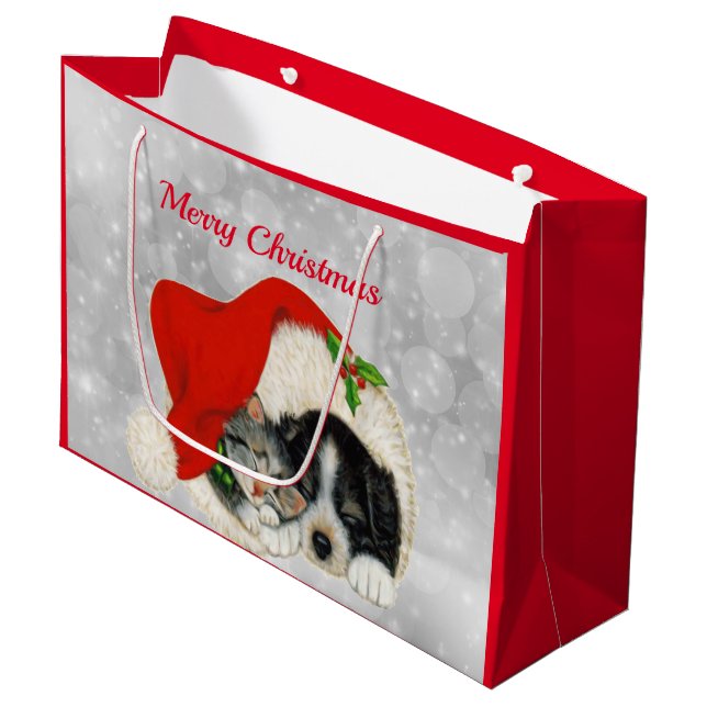 Cute Dog Cat Santa Cap Christmas Large Gift Bag (Front Angled)