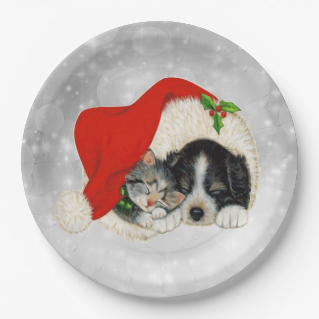 Cute Dog Cat Santa Cap Christmas Paper Plate (Front)