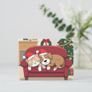 cute dog cat santa cap christmas postcard
