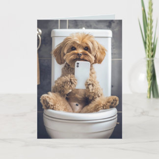 Cute Dog Checking Phone in Toilet Folded Card