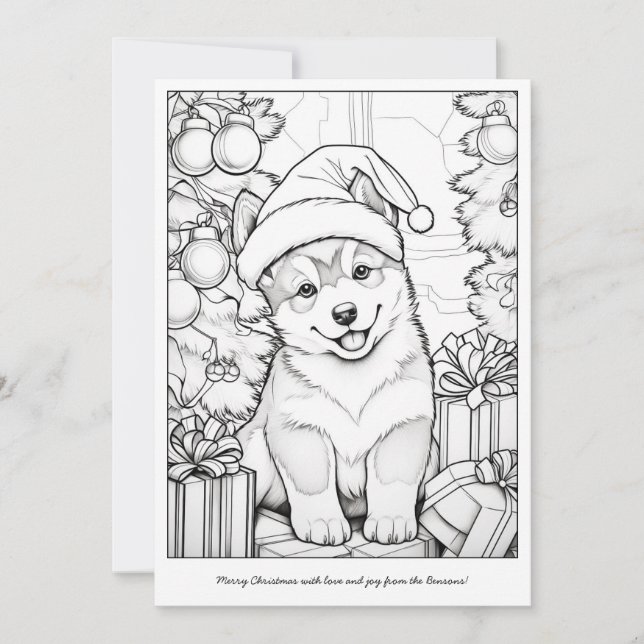 Cute Dog Christmas Tree Art Colouring Holiday Card (Front)