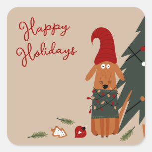 Cute Dog & Christmas Tree Mischief Square Sticker