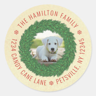 Cute Dog Christmas Wreath Pet Photo Return Address Classic Round Sticker