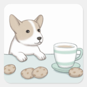 Cute Dog, Coffee & Cookies Illustration Art Square Sticker