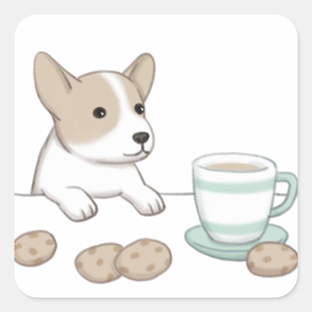 Cute Dog, Coffee & Cookies Illustration Square Sticker (Front)