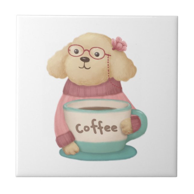 Cute Dog & Coffee Illustration Tile (Front)