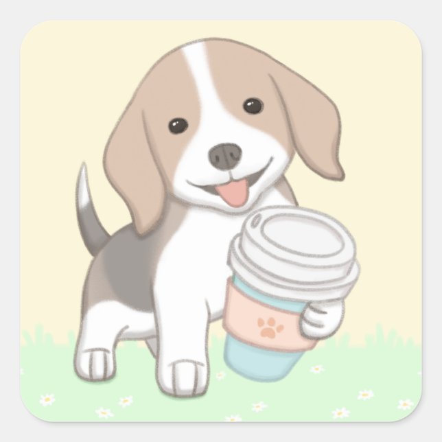 Cute Dog & Cup Illustration Art Square Sticker (Front)