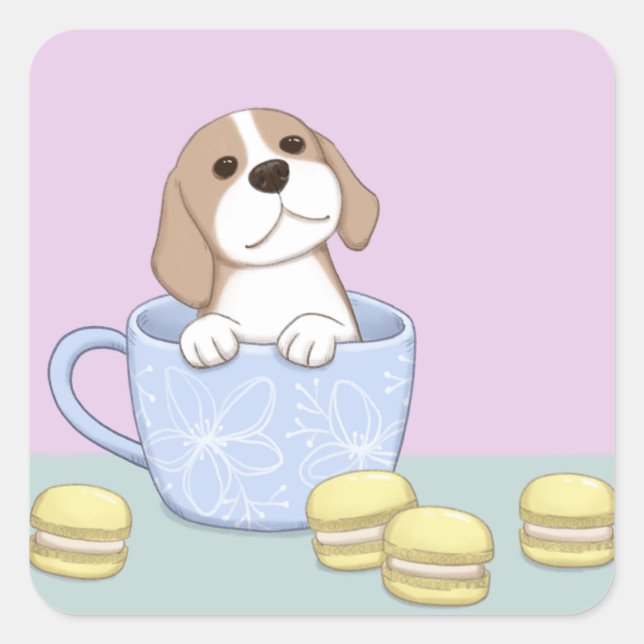 Cute Dog, Cup & Macarons Illustration Art Square Sticker (Front)