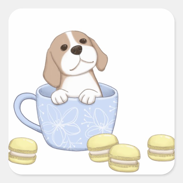 Cute Dog, Cup & Macarons Illustration Square Sticker (Front)