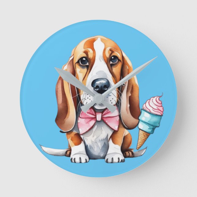 Cute dog eating ice cream  round clock (Front)
