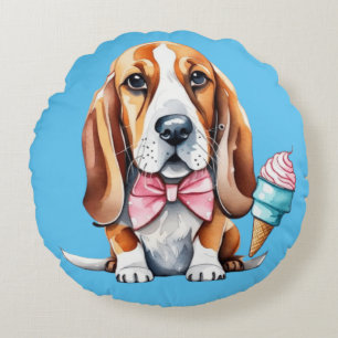 Cute dog eating ice cream round pillow
