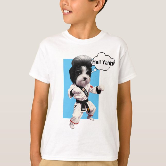Cute Dog Elvis Impersonator in Karate kimono Funny T-Shirt (Front)