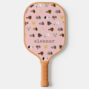 Cute Dog Faces Pink Personalized Name Fun Pickleball Paddle