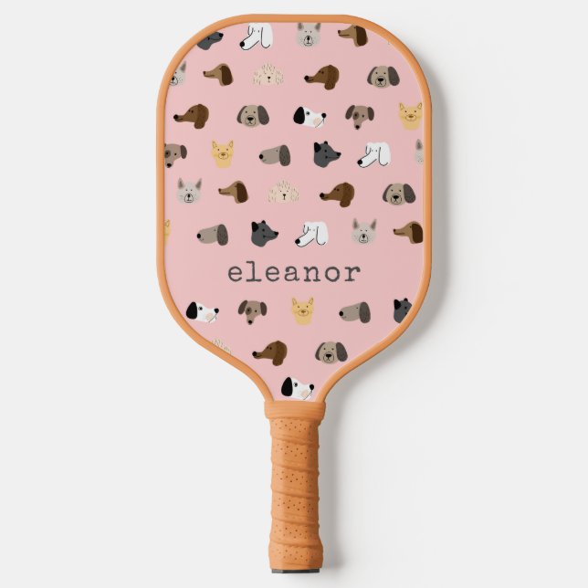 Cute Dog Faces Pink Personalized Name Fun Pickleball Paddle (Front)
