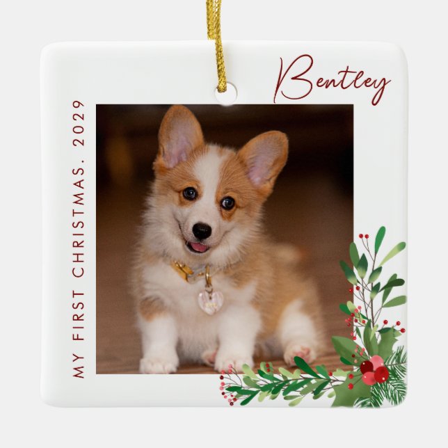 Cute Dog First Christmas Photo Ceramic Ornament (Front)