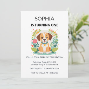 Cute Dog Floral Kids First Birthday  Invitation