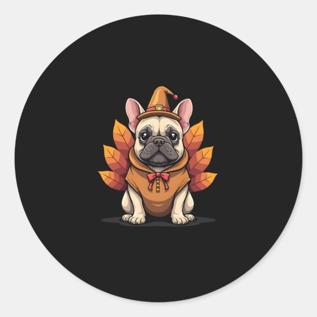 Cute Dog Frenchie Thanksgiving Kids Teen Girl Boy  Classic Round Sticker (Front)