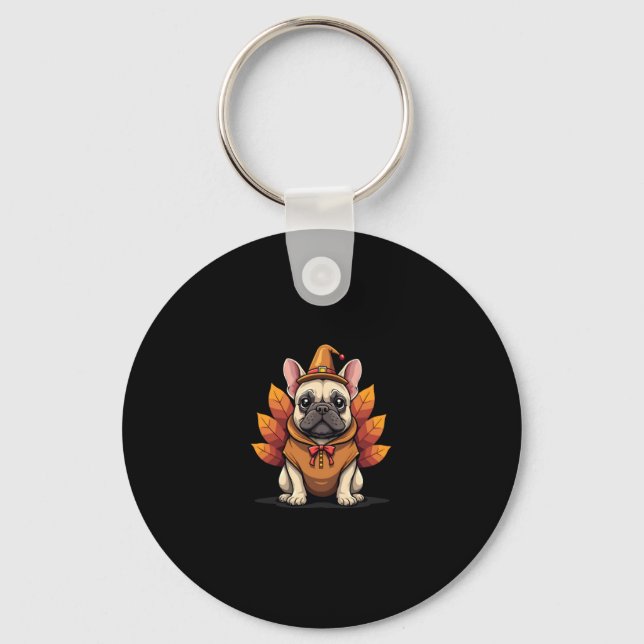 Cute Dog Frenchie Thanksgiving Kids Teen Girl Boy  Keychain (Front)