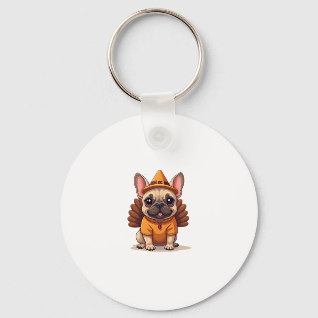 Cute Dog Frenchie Thanksgiving Kids Teen Girl Boy  Keychain (Front)