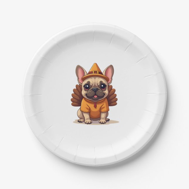 Cute Dog Frenchie Thanksgiving Kids Teen Girl Boy  Paper Plate (Front)