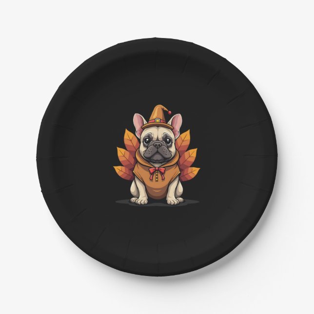 Cute Dog Frenchie Thanksgiving Kids Teen Girl Boy  Paper Plate (Front)