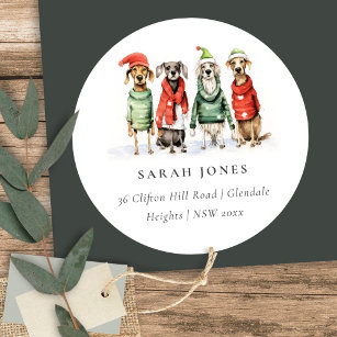 Cute Dog Furry and Bright Christmas Address Classic Round Sticker
