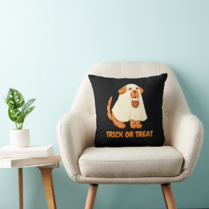 Cute Dog Ghost trick or treat Orange halloween fun Throw Pillow