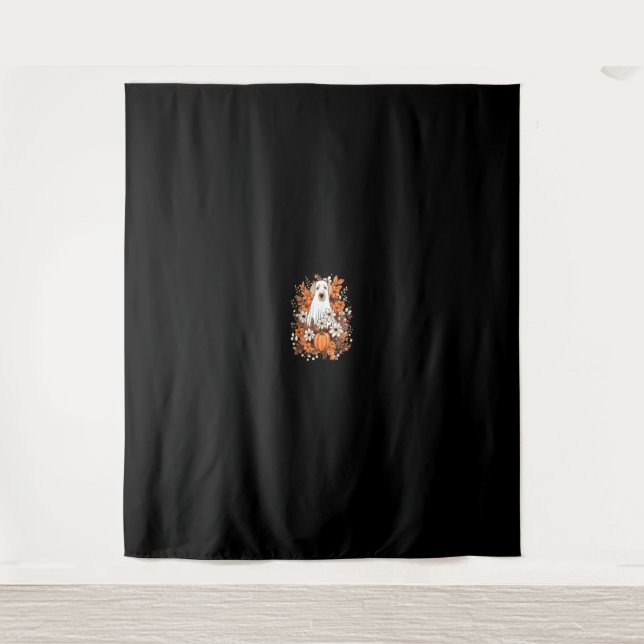 Cute Dog Ghost With Pumpkin Fall Aesthetic Neutral Tapestry (Front)
