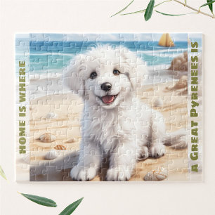 Cute Dog Great Pyrenees White Puppy Custom Name Jigsaw Puzzle