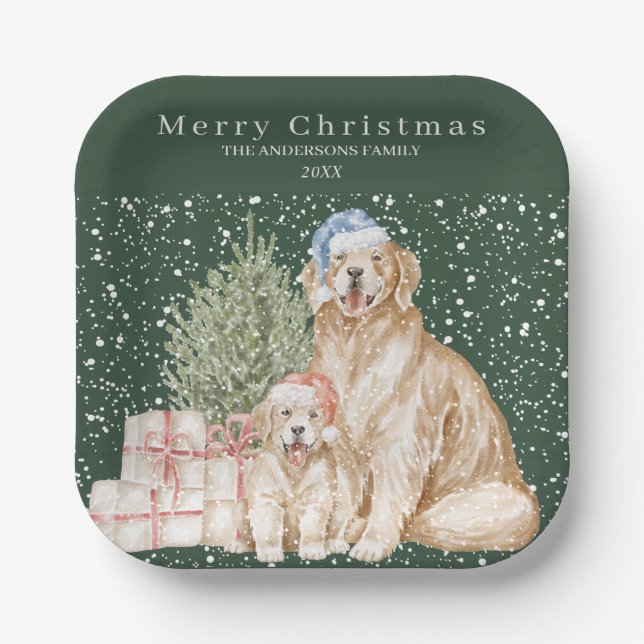 Cute dog greenery Christmas Paper Plate (Front)