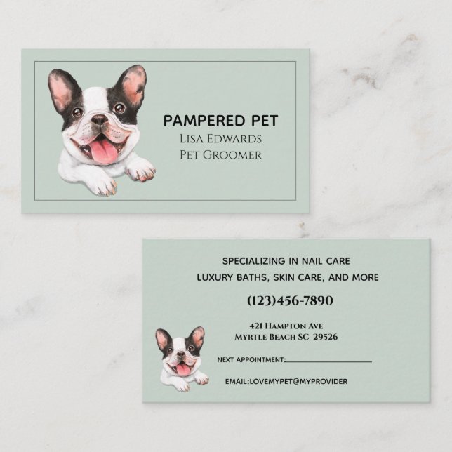 Cute Dog Groomer Green Business  Appointment Card (Front/Back)