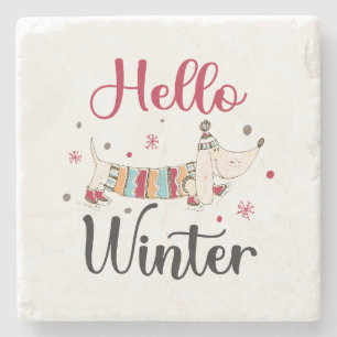 Cute Dog Hello Winter  Stone Coaster