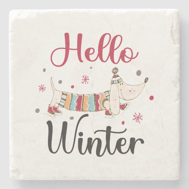Cute Dog Hello Winter  Stone Coaster (Front)