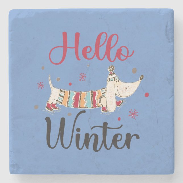 Cute Dog Hello Winter  Stone Coaster (Front)