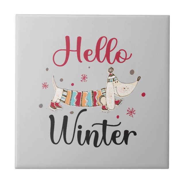 Cute Dog Hello Winter  Tile (Front)