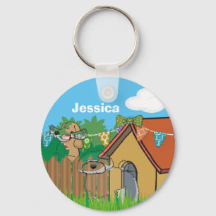 Cute Dog House Neighbours Cartoon Personalised Keychain