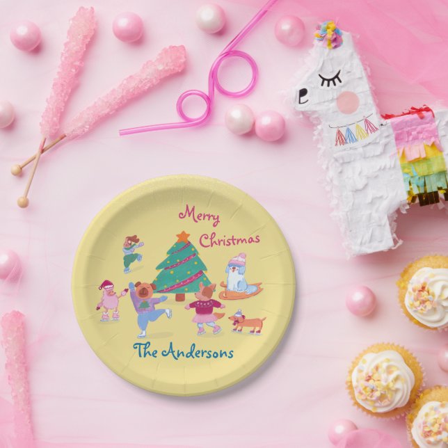 Cute Dog Ice Skating Name Yellow Christmas Party Paper Plate (Party)