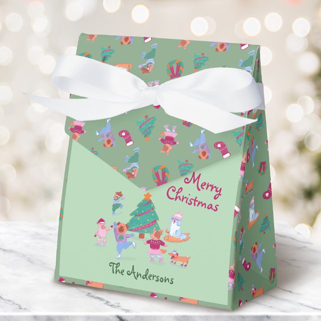 Cute Dog Ice Skating Pistachio Green Christmas Favor Box (Creator Uploaded)